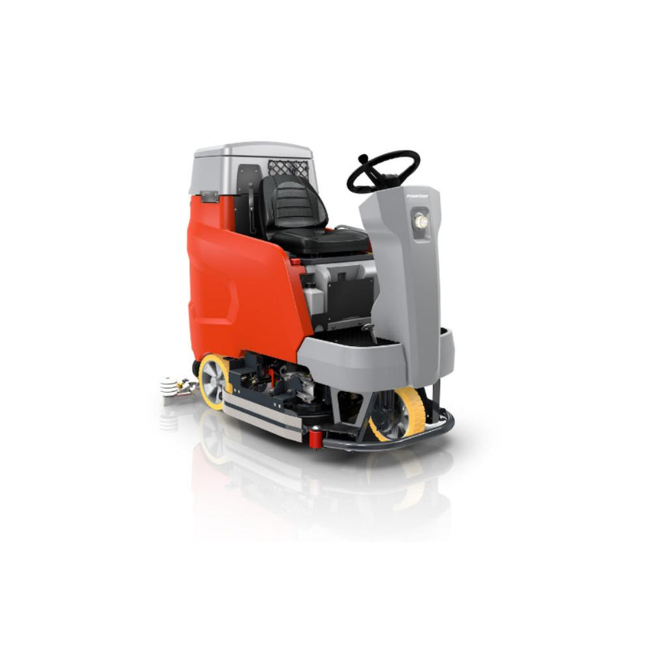 Front right angled view of orange and grey Power boss scrubmaster b120 floor scrubber