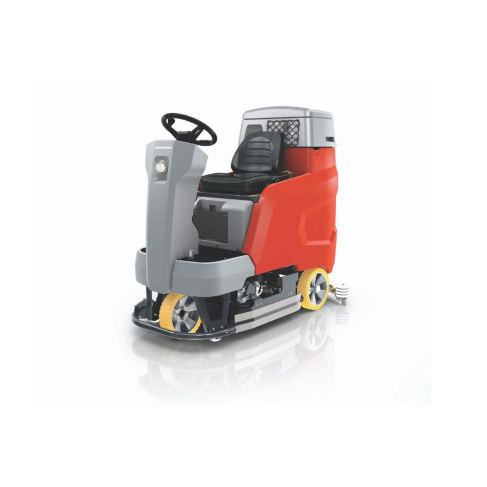 front left view of grey and orange power boss scrubmaster b120 riding floor scrubber
 