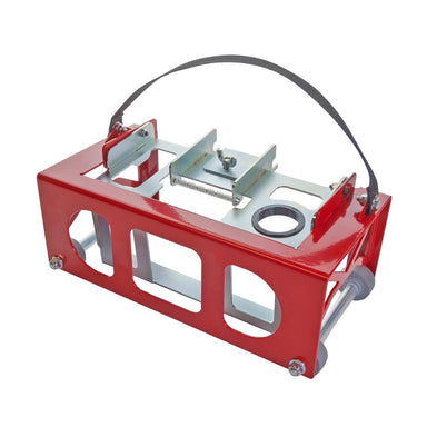 Red metal stove with a hose on a white background