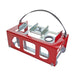 Red metal stove with a hose on a white background