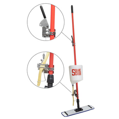 Square Scrub Bucket-On-A-Stick Mop with attachments and a close-up of the head on a white background