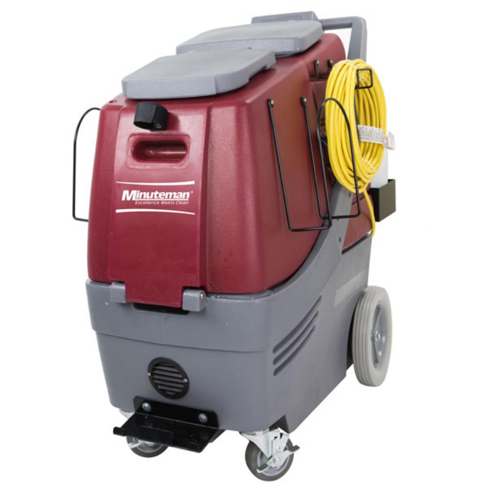 front view of red and grey total restroom cleaning system cart by minuteman