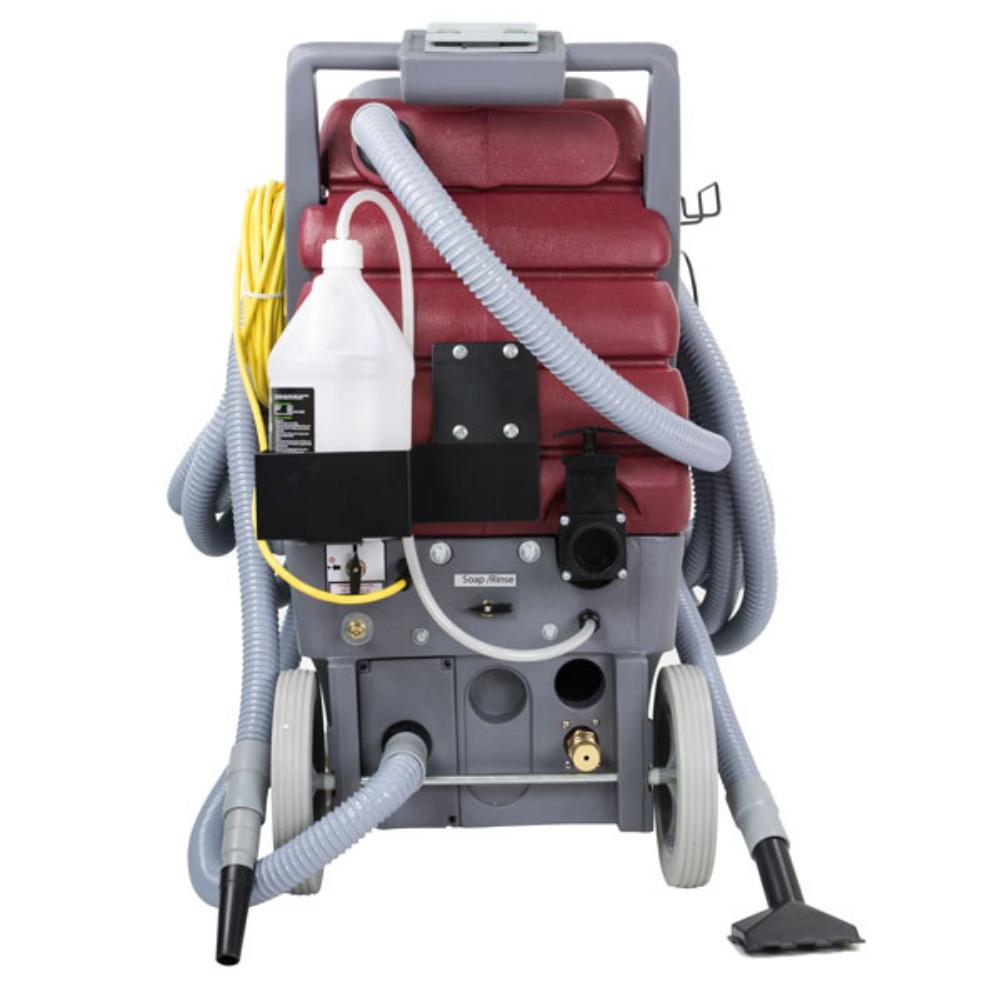 rear view of red and grey total restroom cleaning cart with grey hose attachments connected