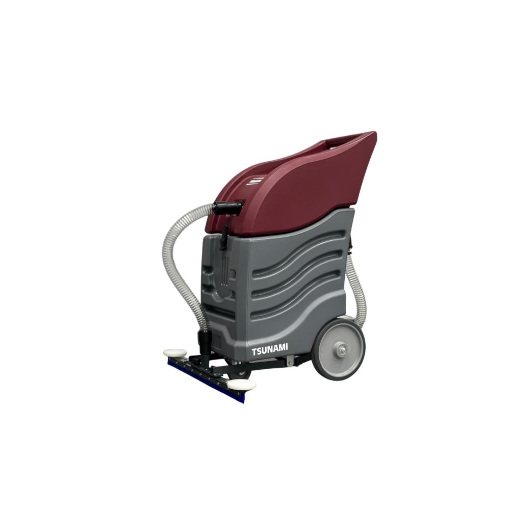 left side view of red and grey push floor squeegee vacuum