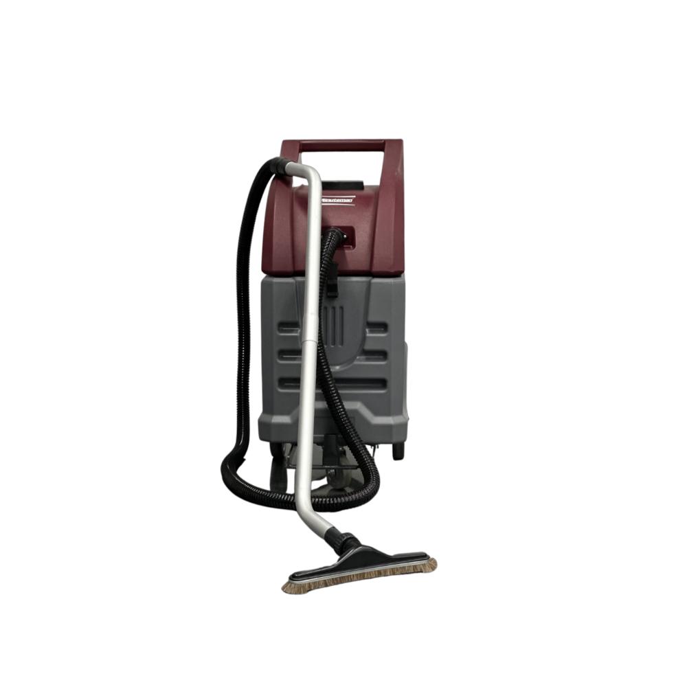rear view of push floor squeegee vacuum with wand and hose attachment