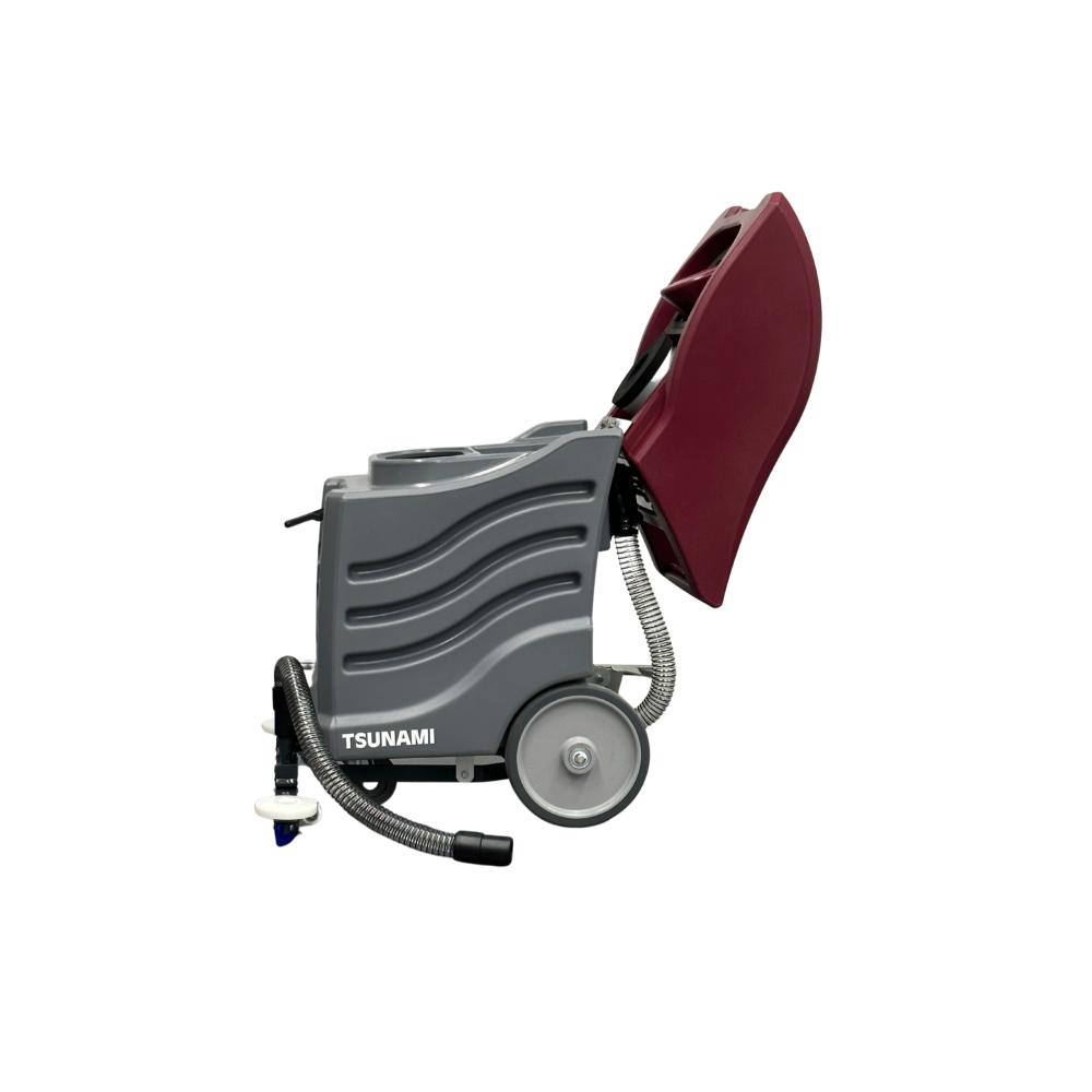Open hood for water container on push floor squeegee vacuum 