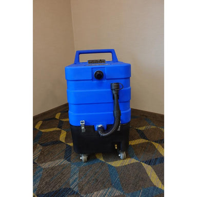 Front view of blue and black U.S. Product Cobra 10.0 cold carpet extractor displaying black drain hose and black vacuum port hook up. 