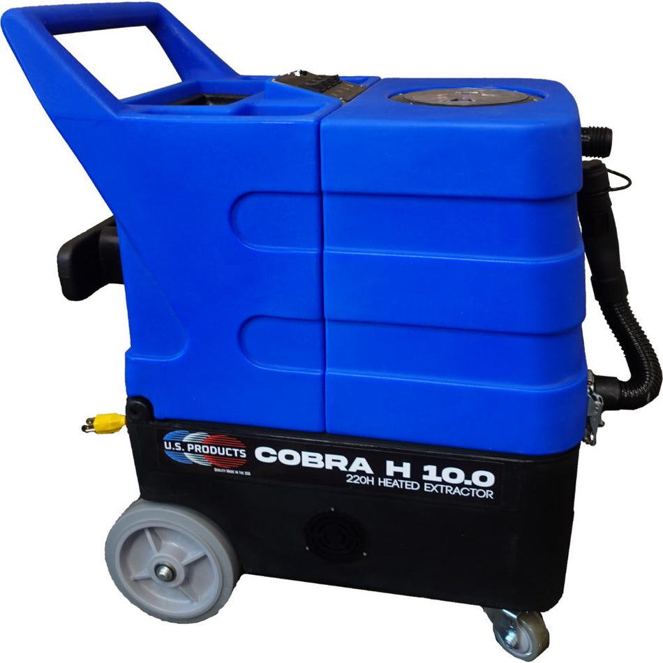 Right Side view of U.S. Products Blue and black Carpet Extractor displaying logo of "Cobra H 10.0 220H Heated Extractor"