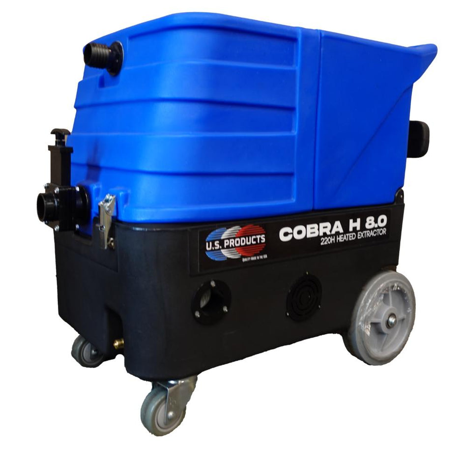 Side profile picture of Blue and black U.S. Product H 8.0 220 heated extractor. Displays Big grey wheels on the back and smaller steering wheels on the front to the chassis