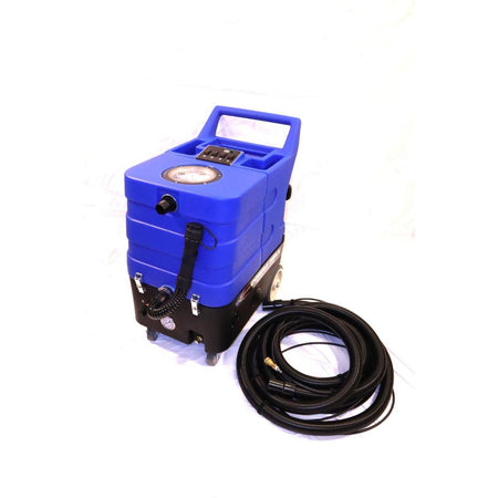 Blue and black U.S. Products carpet extractor on the left and Black Pressure and vacuum hoses on the right. 