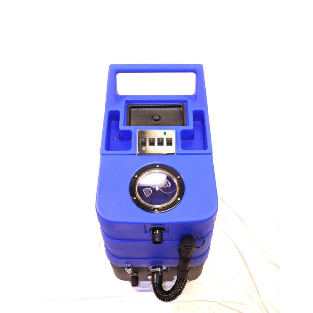 Top view of U.S. Products Cobra max carpet extractor displaying fill port and switch board with vacuum hose port connector in the front.