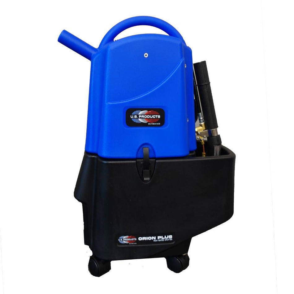 Mini blue Portable Upholstery extractor by U.S. Product Black bottom with rolling feet.