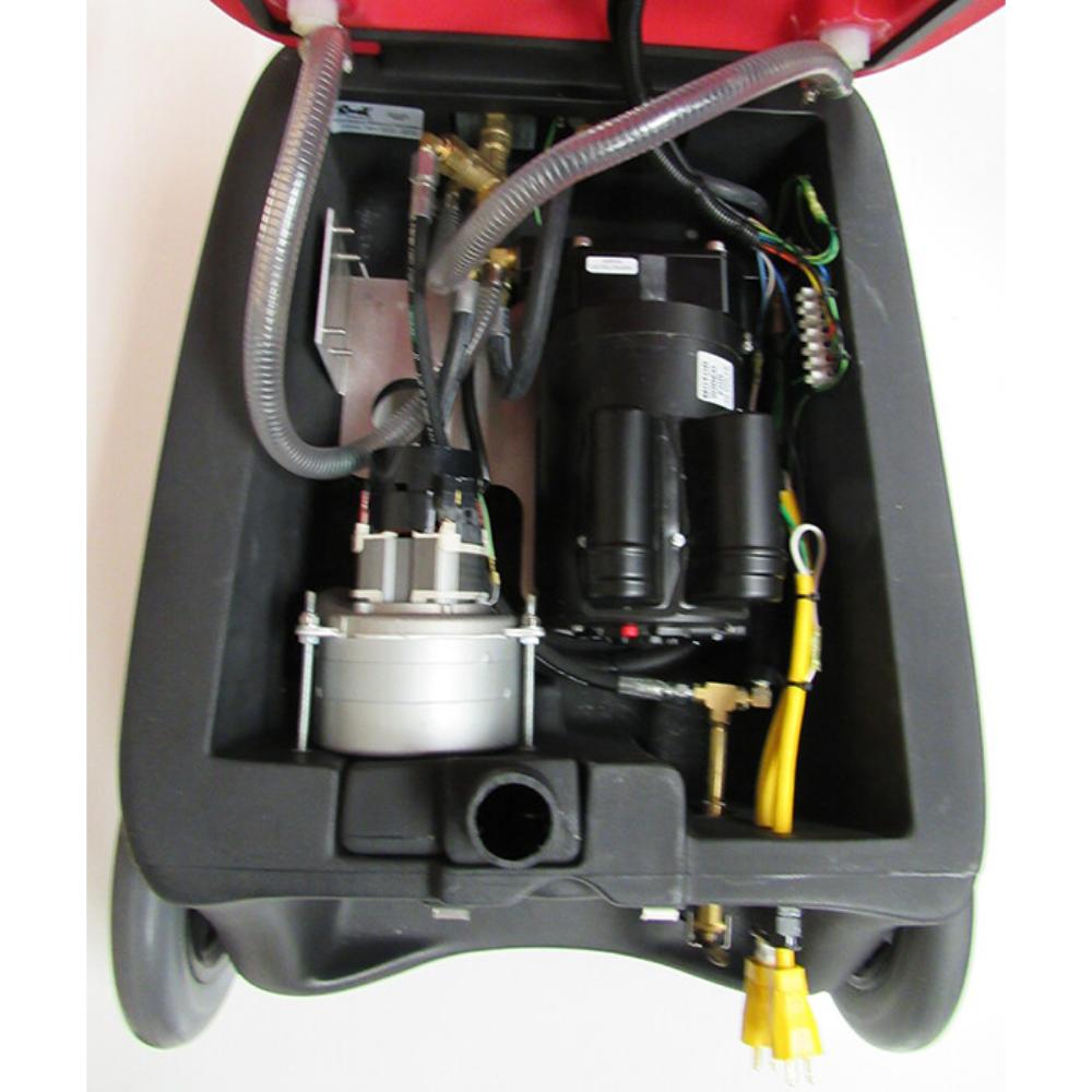 Inside the hood of a Neptune 1200H Carpet extractor. Displays the electrical motor and yellow power cords. 