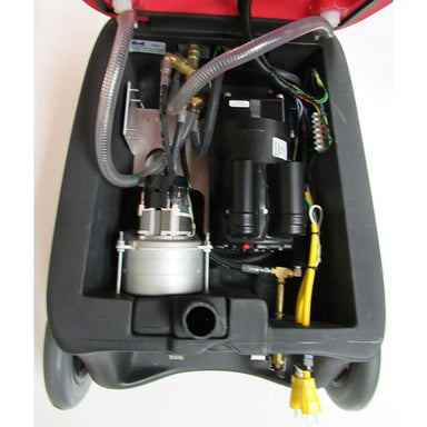 Inside the hood of a Neptune 1200H Carpet extractor. Displays the electrical motor and yellow power cords. 