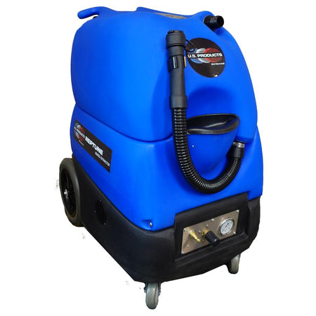 Front of Blue Neptune 500H Carpet Extractor displays the black drain hose and pressure gauge 