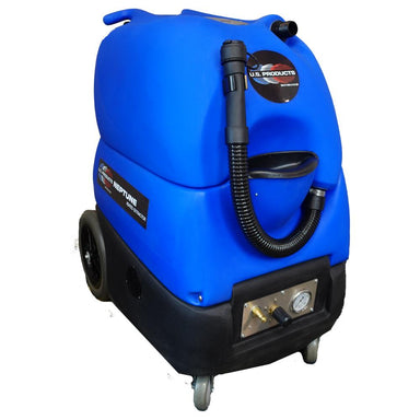 Front of Blue Neptune 500H Carpet Extractor displays the black drain hose and pressure gauge 
