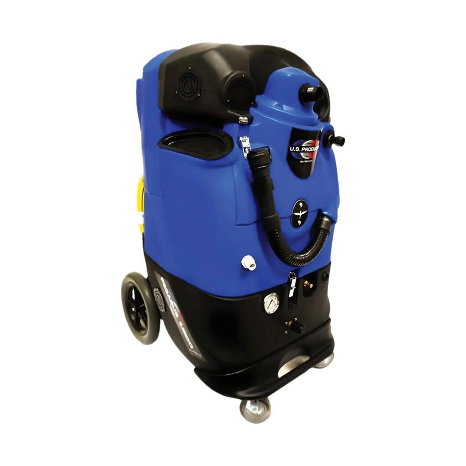 U.S. Product Pegasus 1200 dual motor carpet extractor displayed in a white showroom Blue top and back bottom.