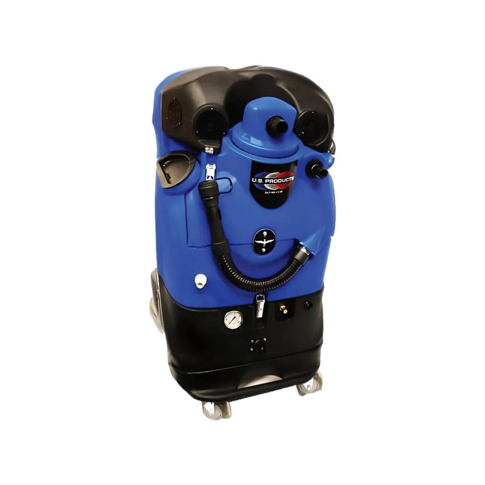 Front of blue and black Pegasus 1200 carpet extractor showing black drain hose on and gauge as well and easy release latch. 