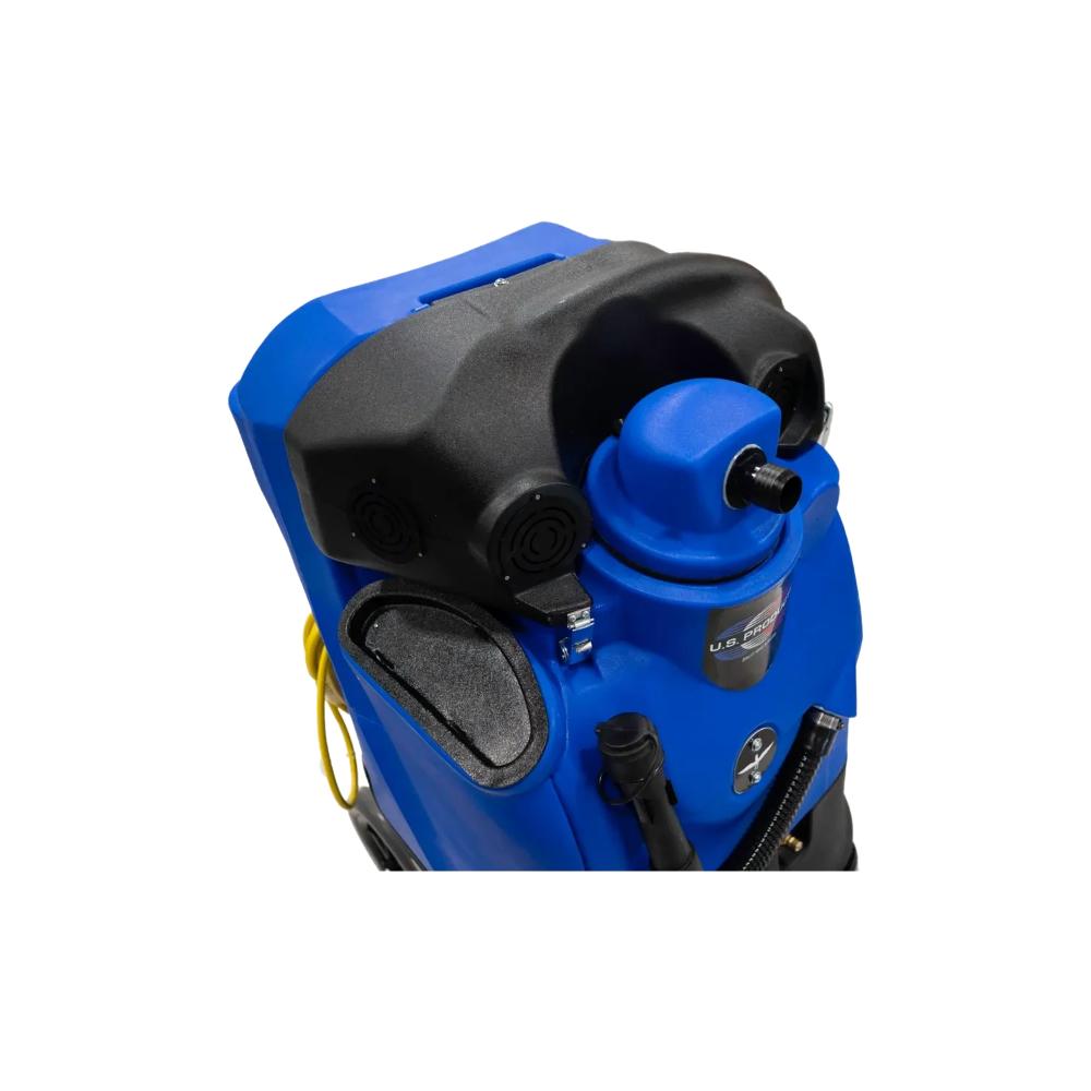 Top of blue U.S. Products Pegasus 500H carpet extractor displaying the mounting point for the extractor hose.  