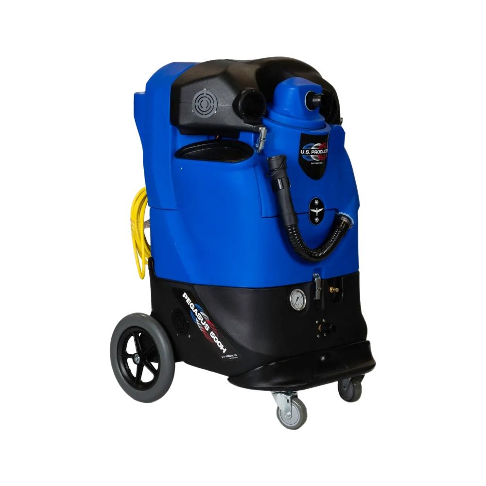Front right view of blue and black Carpet extractor displaying logo with "U.S. Products Pegasus 500H"