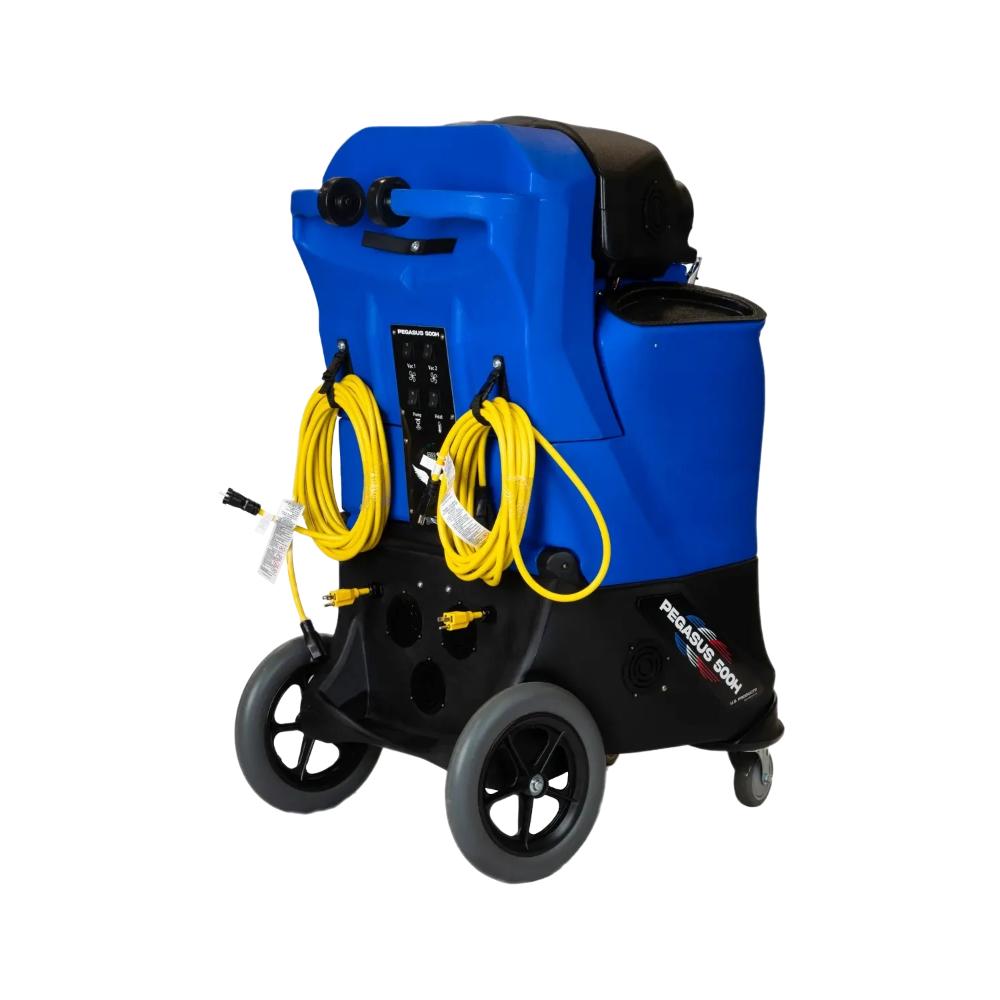 Full back display of U.S. Products Pegasus 500H showing switch board, power cords and their quick release clips, and handles as well as big black wheels with grey tires.