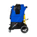 Right side view of blue and black carpet extractor displaying logo of "Pegasus 500H" and yellow power cord hook ups. 