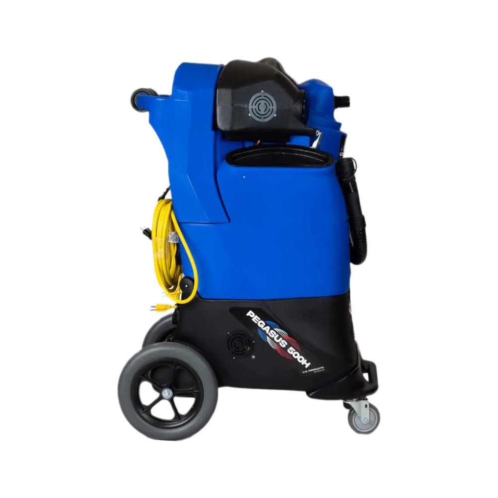 Right side of Blue top and black bottom U.S. Products  extractor showing logo with words "Pegasus 500H" on the bottom black section