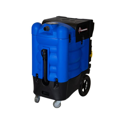 Front of Blue and Black Kraken Flood Pump extractor. Shows black front drain hose, and vacuum tube connector port. 