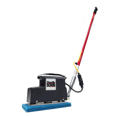 Floor cleaning machine with blue scrubber pad and red handle on a white background