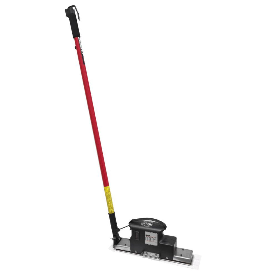 Floor buffer with red handle and black base on a white background