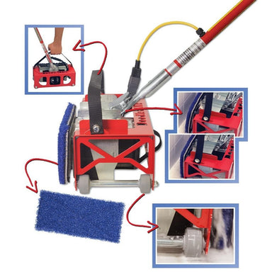Red cleaning machine with various attachments on a white background
