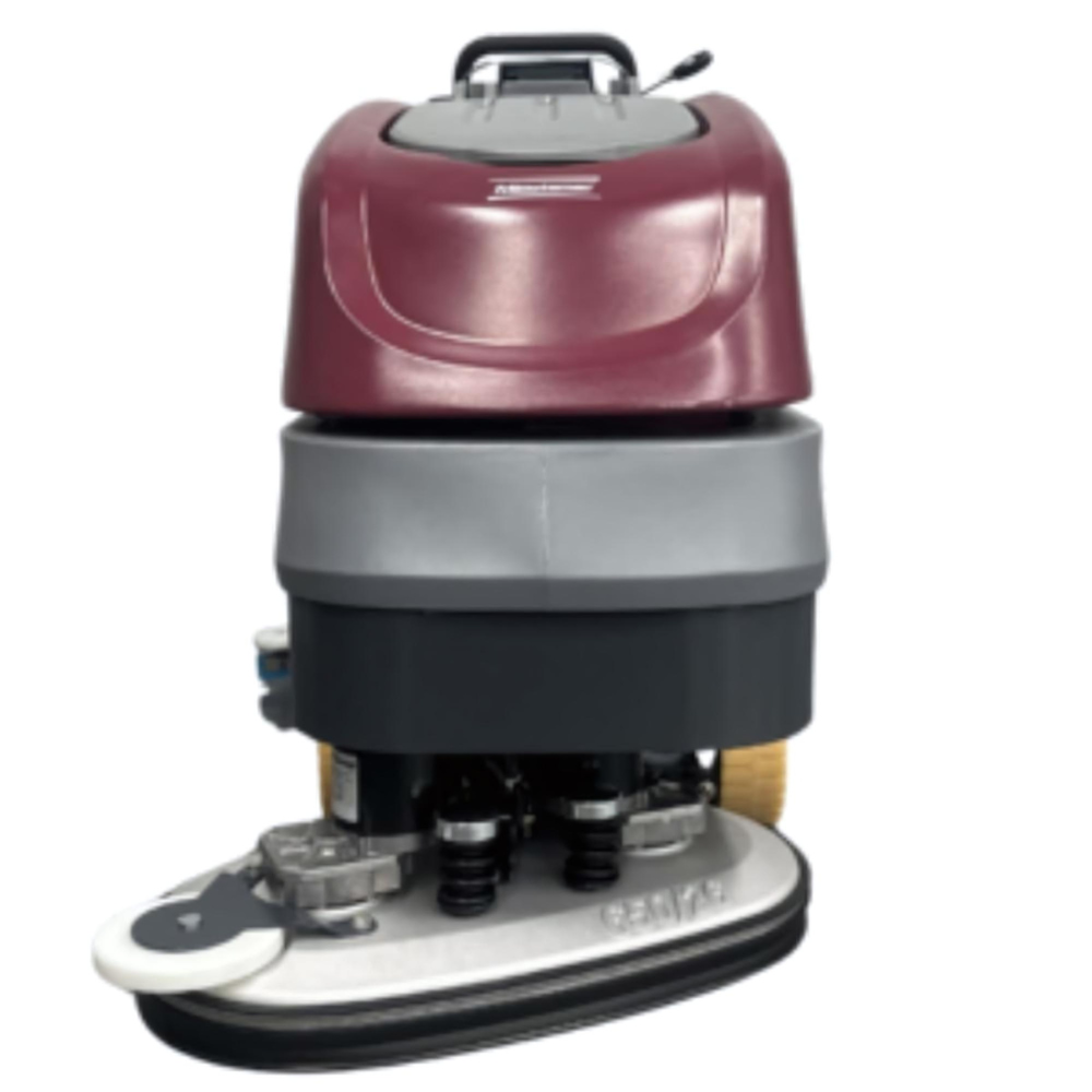 minuteman_e26_floor_scrubber Floor cleaning machine with maroon top and gray base on a white background
