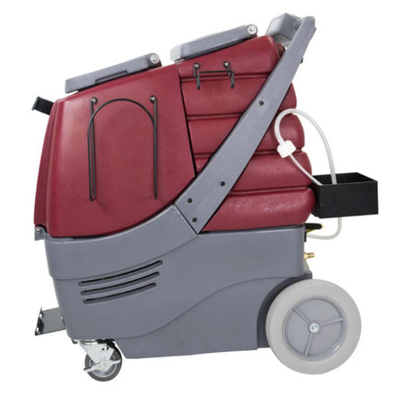 Left Side view of red and grey total restroom system cart with lids closed and no attachments on black holders