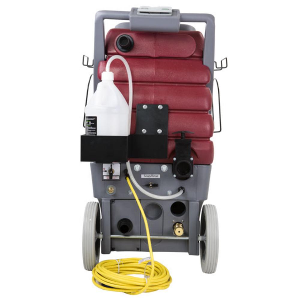 Rear view of red and grey total restroom system cart with cleaning bottle attached with yellow extension