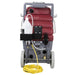 Rear view of red and grey total restroom system cart with cleaning bottle attached with yellow extension