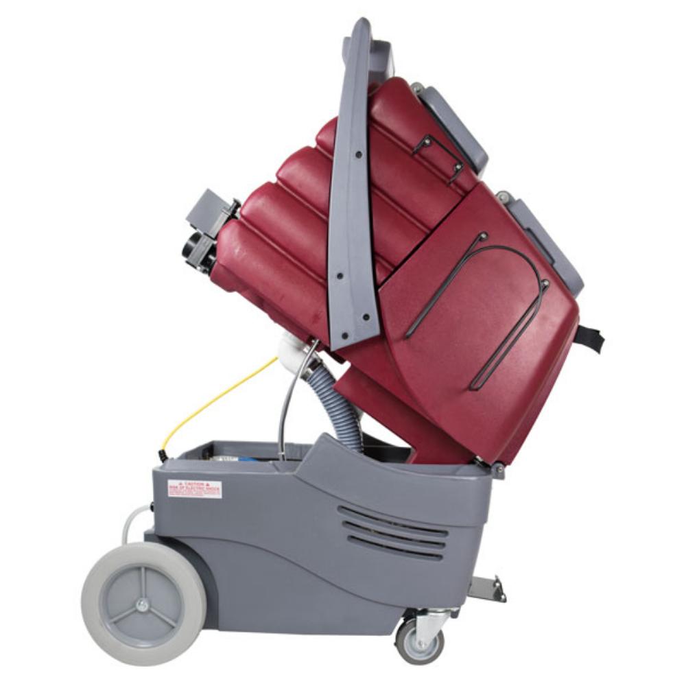 Top red hood attachment opened on total restroom system exposing bottom water tank 