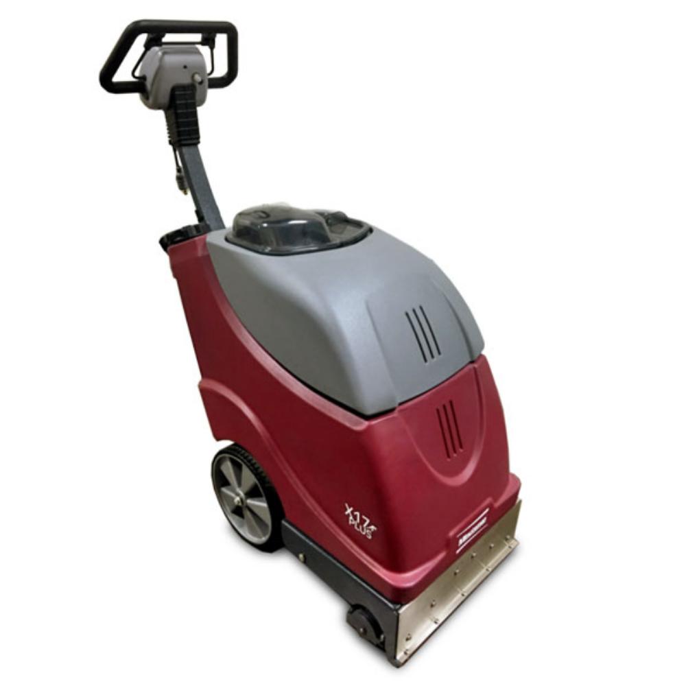 front right-angle view of red and grey x17 push carpet extractor