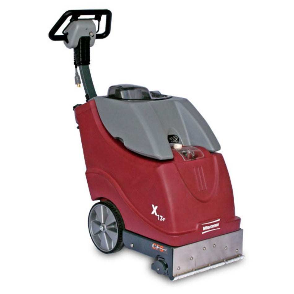 left angle view of red and grey push carpet cleaning extractor