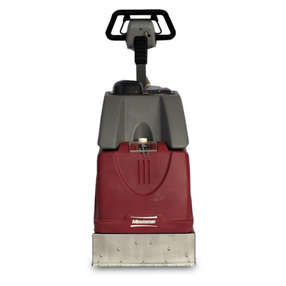 Front view of red and grey push carpet extractor 